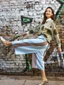 Wide Leg Pants in Light Blue with Checked Panels